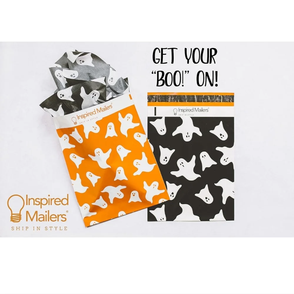 ✅️10 pk  14.5x19 INCH POLY MAILERS: White Ghosts on Black background